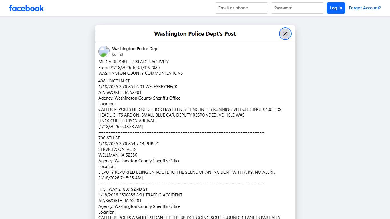 MEDIA REPORT - DISPATCH ACTIVITY... - Washington Police Dept Facebook